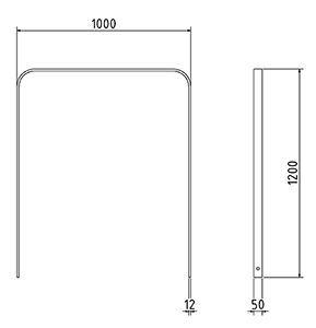 Abmessungen des Fahrradbügels mit Querholm und abgerundeter Form aus Flachstahl 50x12mm (Breite 1000 mm zum Einbetonieren) in mm