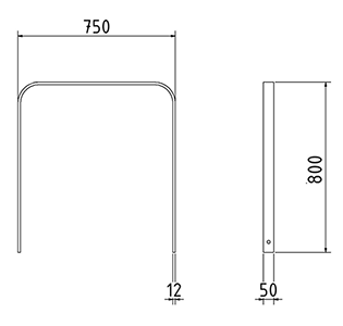 Abmessungen des Fahrradbügels mit Querholm und abgerundeter Form aus Flachstahl 50x12mm (Breite 750 mm zum Aufdübeln) in mm