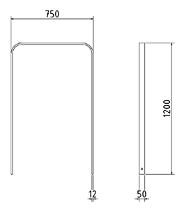 Abmessungen des Fahrradbügels mit Querholm und abgerundeter Form aus Flachstahl 50x12mm (Breite 750 mm zum Einbetonieren) in mm