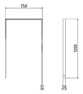 Abmessungen des Fahrradbügels mit Querholm aus Flachstahl 50x12mm (Breite 750 mm zum Einbetonieren) in mm