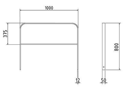 Abmessungen des Fahrradbügels mit Querholm und abgerundeter Form aus Flachstahl 50x12mm (Breite 1000 mm zum Aufdübeln) in mm