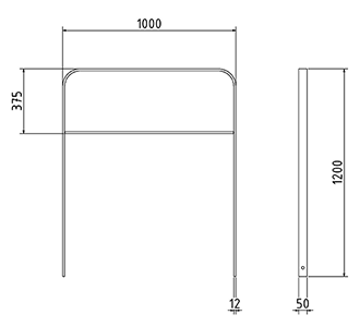 Abmessungen des Fahrradbügels mit Querholm und abgerundeter Form aus Flachstahl 50x12mm (Breite 1000 mm zum Einbetonieren) in mm