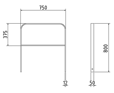 Abmessungen des Fahrradbügels mit Querholm und abgerundeter Form aus Flachstahl 50x12mm (Breite 750 mm zum Aufdübeln) in mm