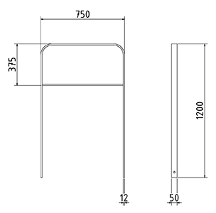 Abmessungen des Fahrradbügels mit Querholm und abgerundeter Form aus Flachstahl 50x12mm (Breite 750 mm zum Einbetonieren) in mm