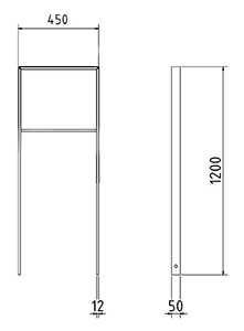 Abmessungen des Fahrradbügels mit Querholm aus Flachstahl 50x12mm (Breite 450 mm zum Einbetonieren) in mm