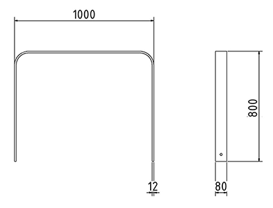 Abmessungen des Fahrradbügels mit abgerundeter Form aus Flachstahl 80x12mm (Breite 1000 mm zum Aufdübeln) in mm