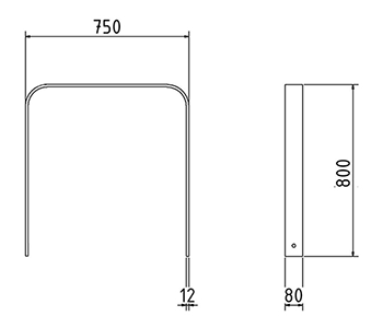 Abmessungen des Fahrradbügels mit abgerundeter Form aus Flachstahl 80x12mm (Breite 750 mm zum Aufdübeln) in mm