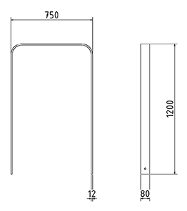 Abmessungen des Fahrradbügels mit abgerundeter Form aus Flachstahl 80x12mm (Breite 750 mm zum Einbetonieren) in mm