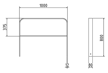 Abmessungen des Fahrradbügels mit Querholm und abgerundeter Form aus Flachstahl 80x12mm (Breite 1000 mm zum Aufdübeln) in mm