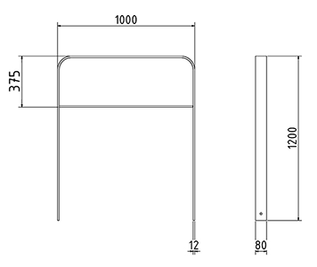 Abmessungen des Fahrradbügels mit Querholm und abgerundeter Form aus Flachstahl 80x12mm (Breite 1000 mm zum Einbetonieren) in mm