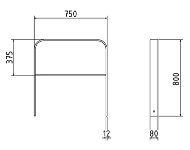 Abmessungen des Fahrradbügels mit Querholm und abgerundeter Form aus Flachstahl 80x12mm (Breite 750 mm zum Aufdübeln) in mm