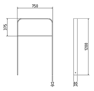 Abmessungen des Fahrradbügels mit Querholm und abgerundeter Form aus Flachstahl 80x12mm (Breite 750 mm zum Einbetonieren) in mm