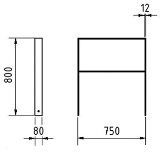 Abmessungen des Fahrradbügels aus Flachstahl mit Querholm (Breite 750 mm zum Aufdübeln) in mm