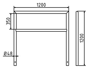 Abmessungen des Anlehnbügels mit Querholm aus Stahlrohr Ø 48 mm zum Einbetonieren