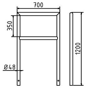 Abmessungen des Anlehnbügels mit Querholm aus Stahlrohr Ø 48 mm zum Einbetonieren