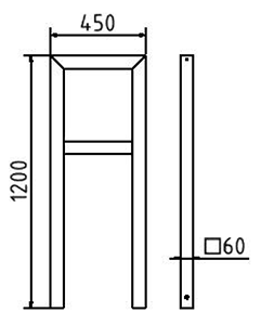 Abmessungen des Fahrradbügels aus Vierkantrohr 60x60mm mit Querholm (Breite 450 mm zum Einbetonieren) in mm