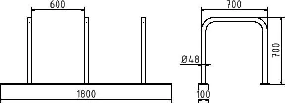 Abmessungen des fest verschweißten Reihensystems mit 3 Fahrradbügeln aus Stahlrohr Ø 48 mm