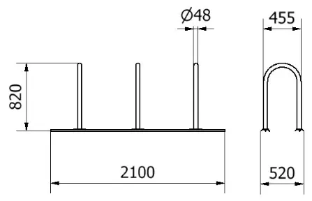 Abmessungen des Reihensystems mit 3 Fahrradbügeln aus Rundrohr Ø 48 mm