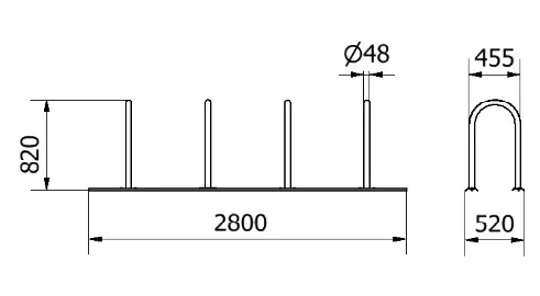 Abmessungen des Reihensystems mit 4 Fahrradbügeln aus Rundrohr Ø 48 mm