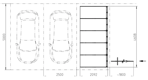 Zeichnung mit einem Beispiel, wie eine Reihenanlage aus Fahrradgaragen an einem Parkplatz für Pkw platziert werden kann (mit Abmessungen in mm)