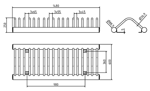 Zeichnung mit Abmessungen des Design-Fahrradständers in mm sowie mit den drei Einstellbreiten