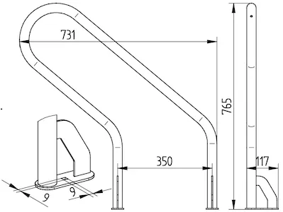 Anlehnbügel für den Doppelstockparker als Zeichnung mit Abmessungen in mm