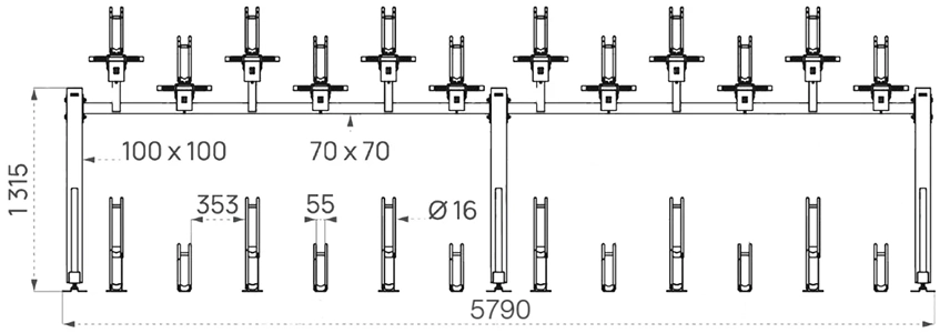 Doppelstockparker als Zeichnung mit Grundeinheit und Anbaueinheit, die an der Grundeinheit montiert ist (mit Abmessungen in mm)