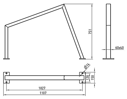 Abmessungen des Fahrradanlehnbügels aus schrägem Vierkantrohr 60x40mm, asymmetrisch, zum Aufdübeln