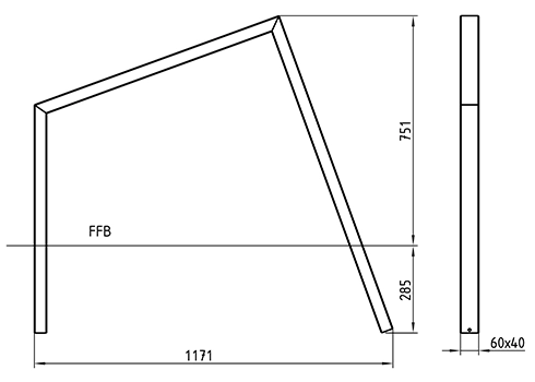 Abmessungen des Fahrradanlehnbügels aus schrägem Vierkantrohr 60x40mm, asymmetrisch, zum Einbetonieren