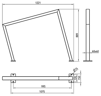 Abmessungen des Fahrradanlehnbügels aus schrägem Vierkantrohr 60x40mm, mit parallelen Füßen, zwei Befestigungsarten, zum Aufdübeln