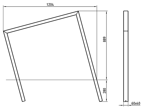 Abmessungen des Fahrradanlehnbügels aus schrägem Vierkantrohr 60x40mm, mit parallelen Füßen, zwei Befestigungsarten, zum Einbetonieren
