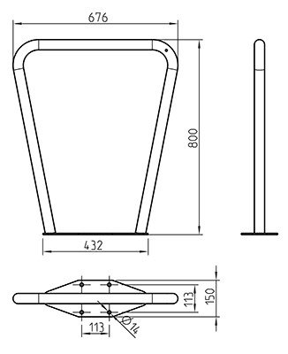 Abmessungen des Fahrradanlehnbügels aus schrägem Vierkantrohr 60x40mm, mit parallelen Füßen, zwei Befestigungsarten, zum Aufdübeln