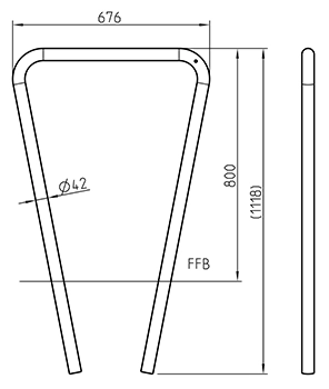 Abmessungen des Fahrradanlehnbügels aus schrägem Vierkantrohr 60x40mm, mit parallelen Füßen, zwei Befestigungsarten, zum Einbetonieren