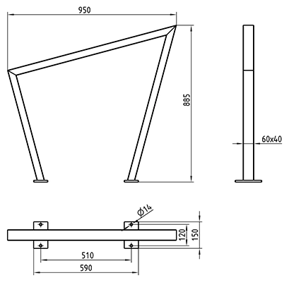 Abmessungen des Fahrradanlehnbügels aus schrägem Vierkantrohr 60x40mm, mit parallelen Füßen, zwei Befestigungsarten, zum Aufdübeln