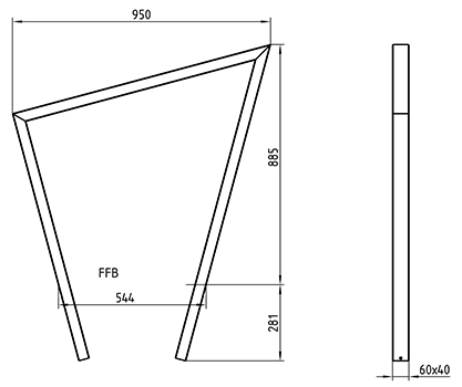 Abmessungen des Fahrradanlehnbügels aus schrägem Vierkantrohr 60x40mm, mit parallelen Füßen, zwei Befestigungsarten, zum Einbetonieren