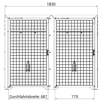 Schematische Zeichnung der Fahrradbox mit Drahtgittertüren in Frontansicht mit Abmessungen in mm
