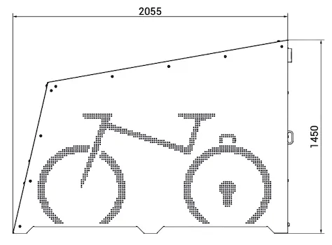 Schematische Zeichnung der Fahrradbox mit Drahtgittertüren im Profil mit Abmessungen in mm