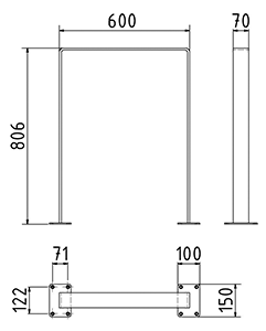 Abmessungen des Fahrradbügels aus Flachstahl 70 x 10 mm, abgerundete Form, zum Einbetonieren, 600 mm