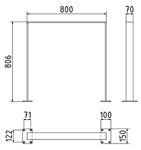 Abmessungen des Fahrradbügels aus Flachstahl 70 x 10 mm, abgerundete Form, zum Einbetonieren, 800 mm