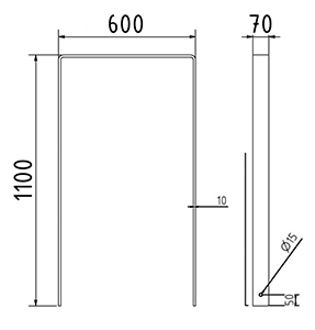 Abmessungen des Fahrradbügels aus Flachstahl 70 x 10 mm, abgerundete Form, zum Einbetonieren, 600 mm