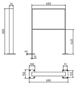 Abmessungen des Fahrradbügels aus Flachstahl 70 x 10 mm, abgerundete Form, mit Querholm, zum Aufdübeln, 600 mm