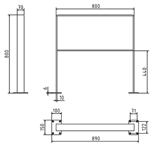 Abmessungen des Fahrradbügels aus Flachstahl 70 x 10 mm, abgerundete Form, mit Querholm, zum Aufdübeln, 800 mm