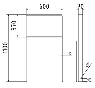 Abmessungen des Fahrradbügels aus Flachstahl 70 x 10 mm, abgerundete Form, mit Querholm, zum Einbetonieren, 600 mm
