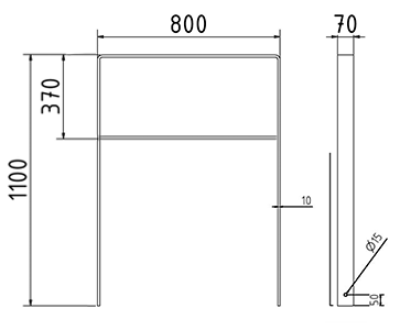 Abmessungen des Fahrradbügels aus Flachstahl 70 x 10 mm, abgerundete Form, mit Querholm, zum Einbetonieren, 800 mm