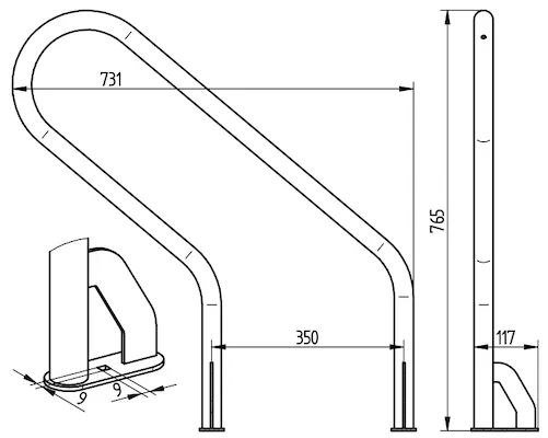 Zeichnung eines Fahrradbügels für Fahrradbox mit Drahtgittertüren inklusive Abmessungen in mm