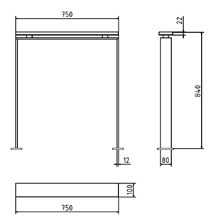 Abmessungen des Fahrradbügels mit Holzauflage, aus Flachstahl 80x12mm, zum Aufdübeln