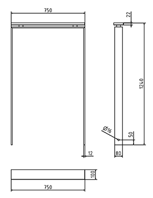 Abmessungen des Fahrradbügels mit Holzauflage, aus Flachstahl 80x12mm, zum Einbetonieren
