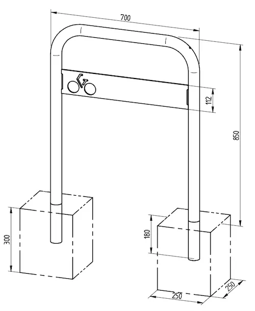 Zeichnung des Fahrradbügels PELM mit Schild mit Abmessungen in mm und Empfehlungen für das Fundament