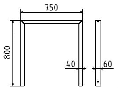 Abmessungen des Fahrradbügels aus Vierkantrohr 60x40mm (Breite 750 mm zum Aufdübeln) in mm