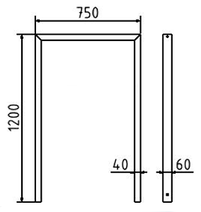 Abmessungen des Fahrradbügels aus Vierkantrohr 60x40mm (Breite 750 mm zum Einbetonieren) in mm